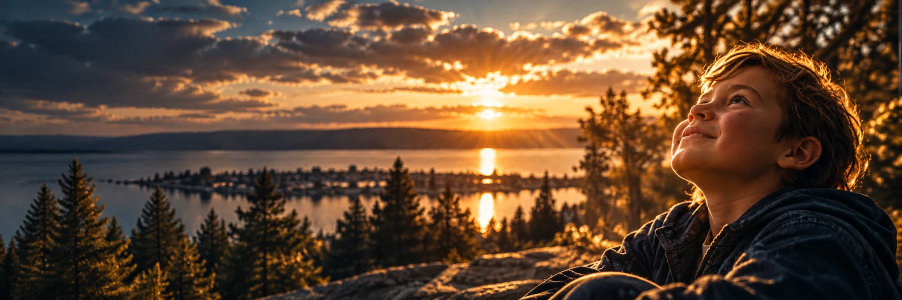 A child looking over a northern Michigan lake at sunset