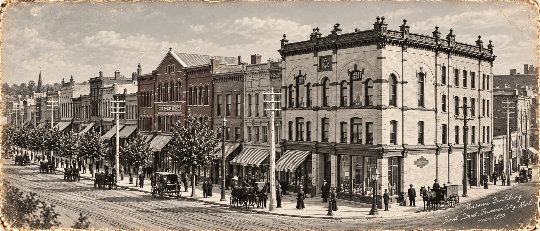 Historical-style downtown Traverse City scene featuring the Masonic Building, supplied as the requested history hero artwork