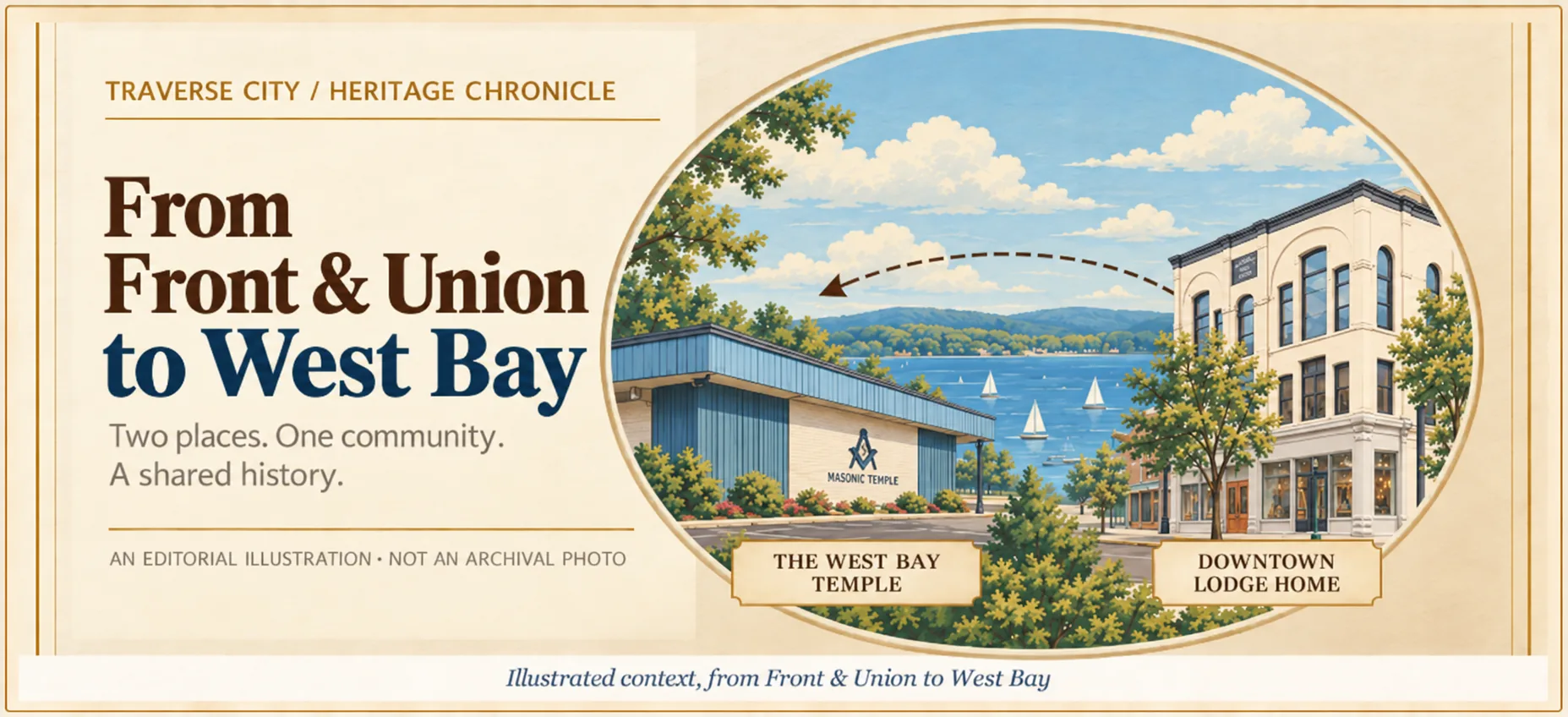 Editorial illustration of the transition from the downtown Masonic Building to the West Bay temple in use by 1978