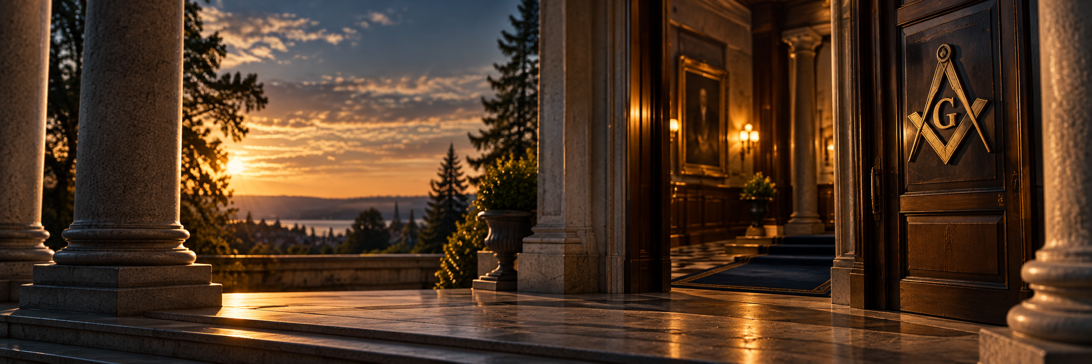Symbolic Masonic temple entry with gold detailing in evening light