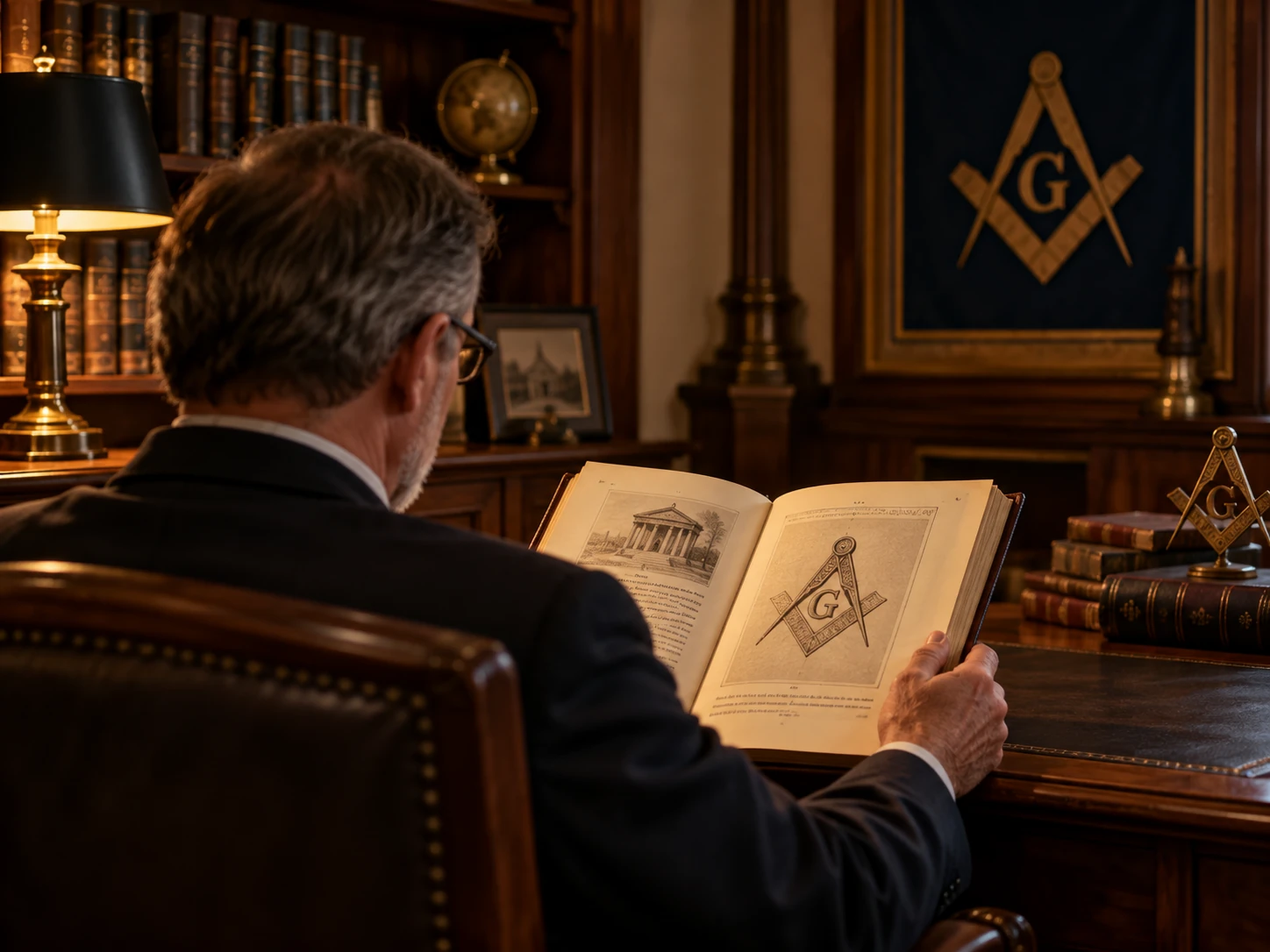 Illustrative scene of a Mason seen from behind reading an illustrated Masonic book in a warmly lit study